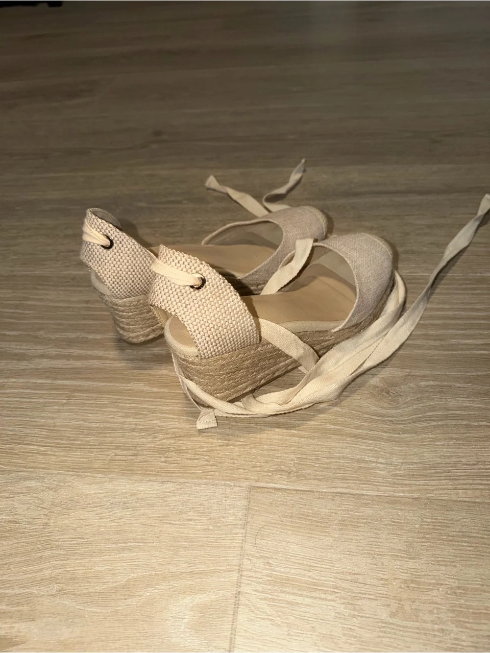 Canvas Espadrille Lace-Up Flats in Beige